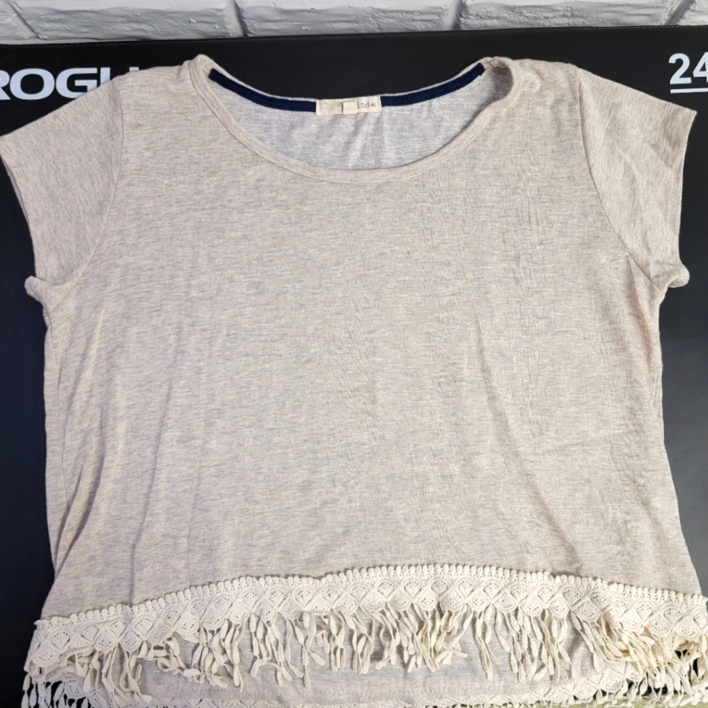 Rewind Crochet Lace Fringe Hem Crop Top Boho Heather Beige XL
